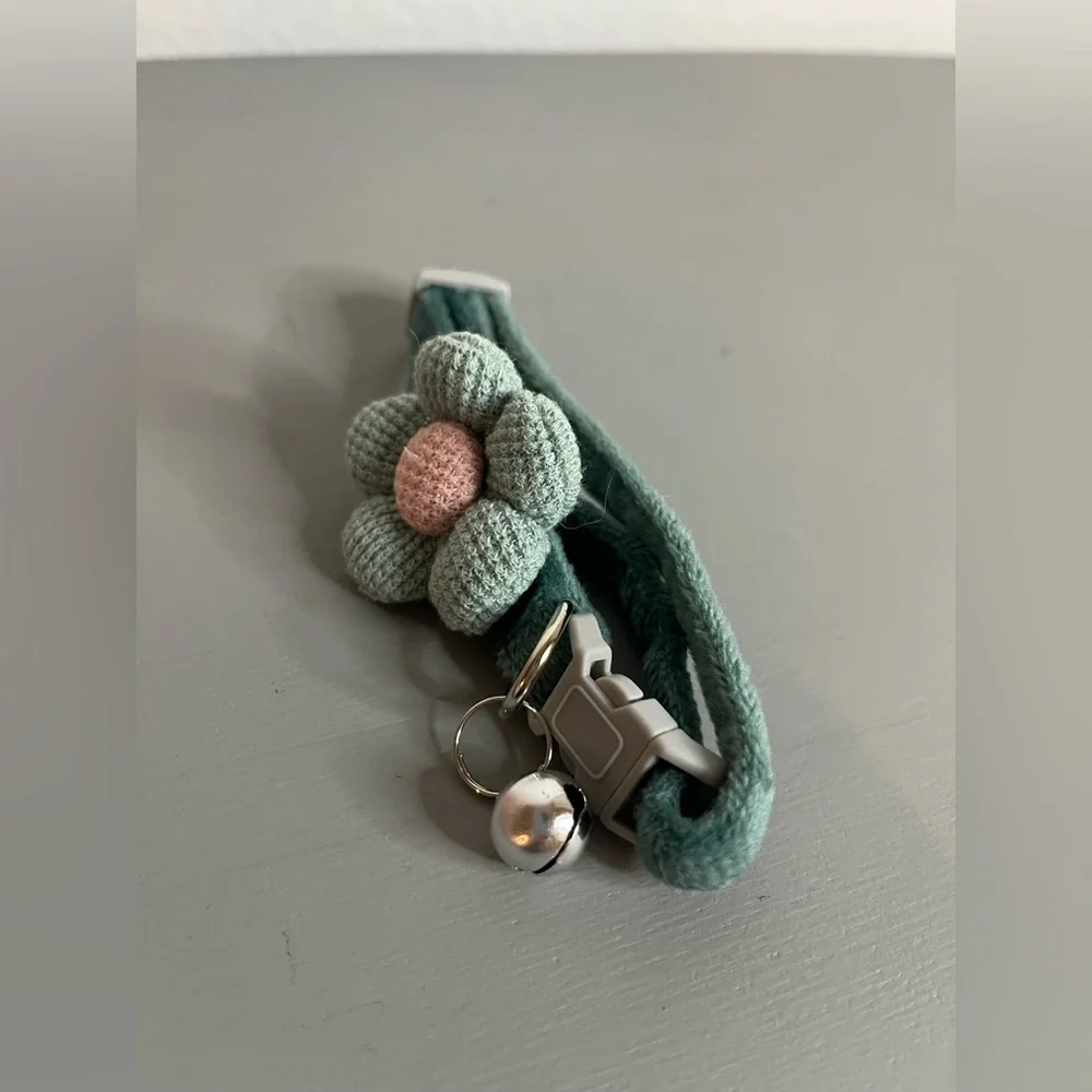 Emerald Green Flower Cat Collar w/ Bell | Soft Velvet Adjustable Breakaway Kitty
